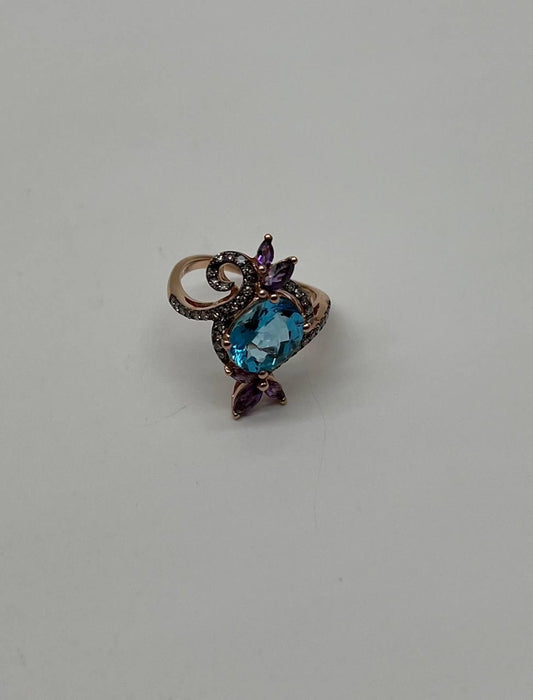 Oval Shape Swiss Blue Topaz Floral Flower Amethyst 14K Rose Gold Diamonds Ring