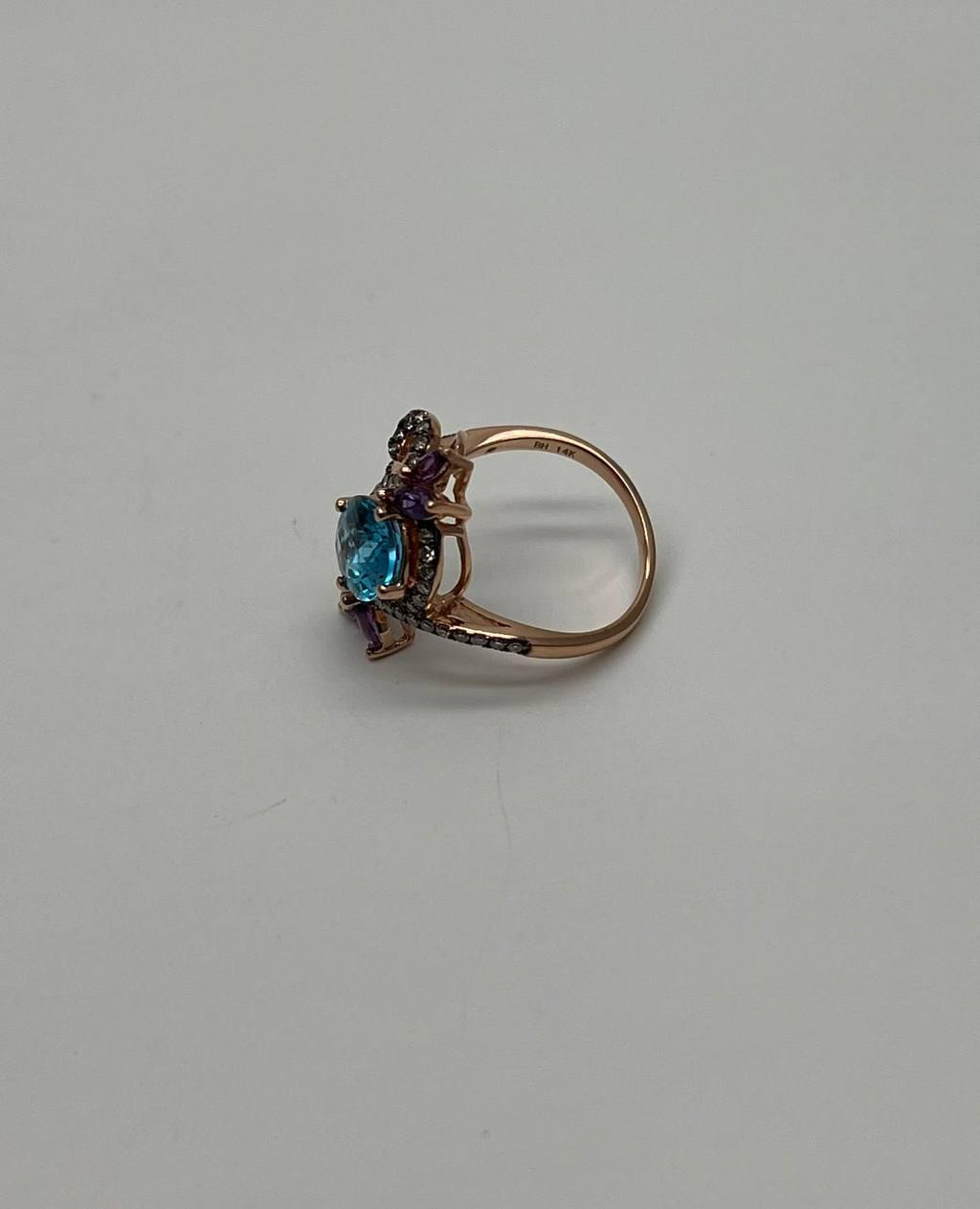Blue Topaz Purple Amethyst Diamonds Floral Flower 14K Rose Gold Statement Ring