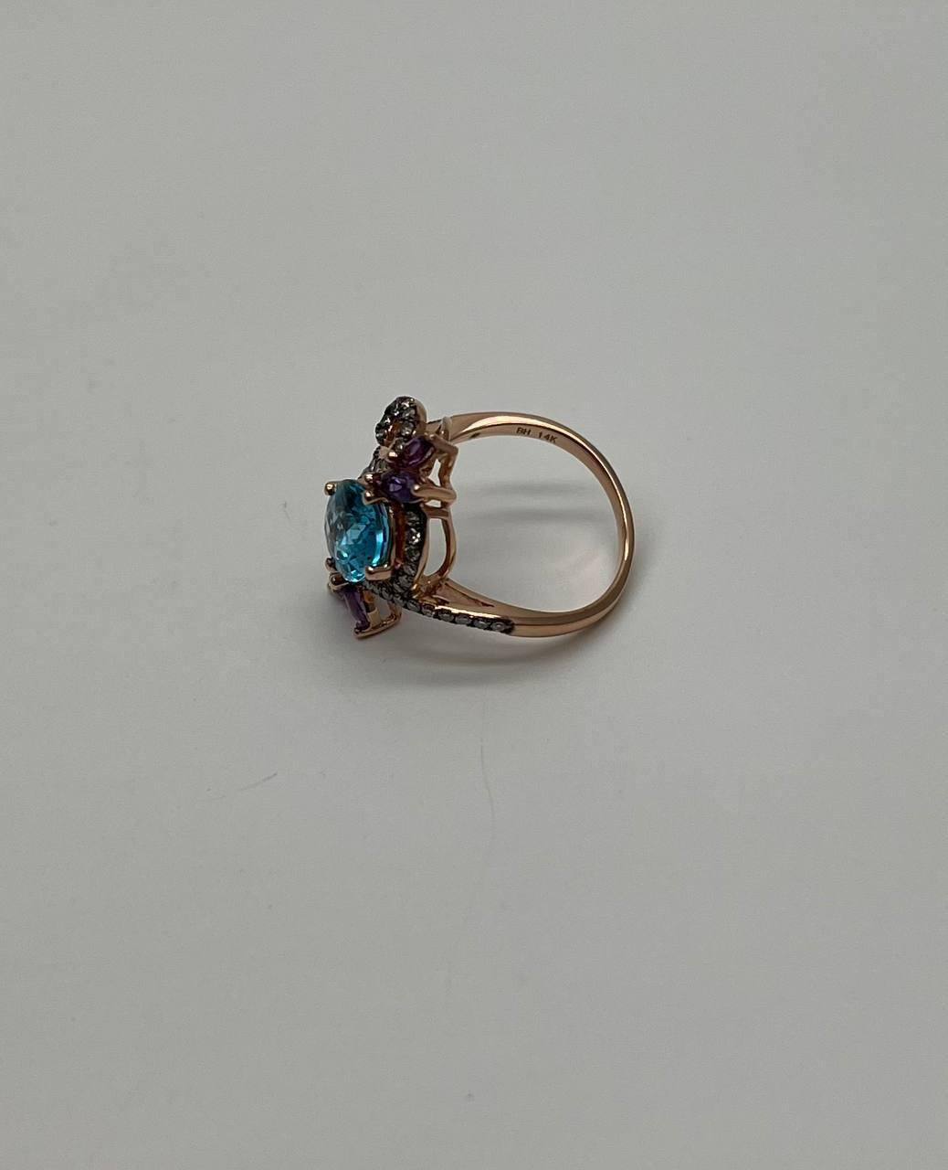 Blue Topaz Purple Amethyst Diamonds Floral Flower 14K Rose Gold Statement Ring