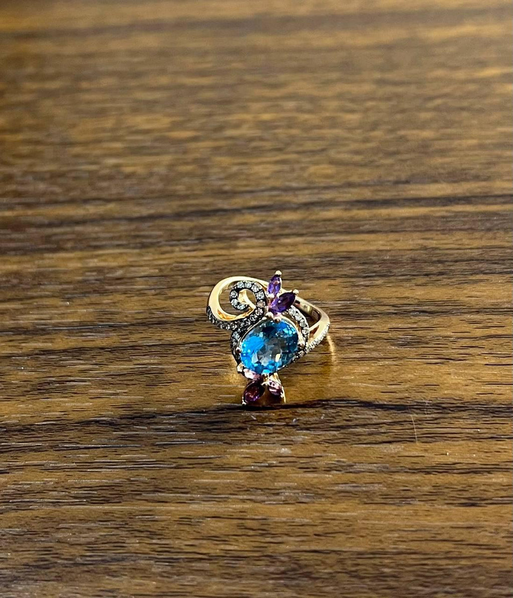 Blue Topaz Purple Amethyst Diamonds Floral Flower 14K Rose Gold Statement Ring