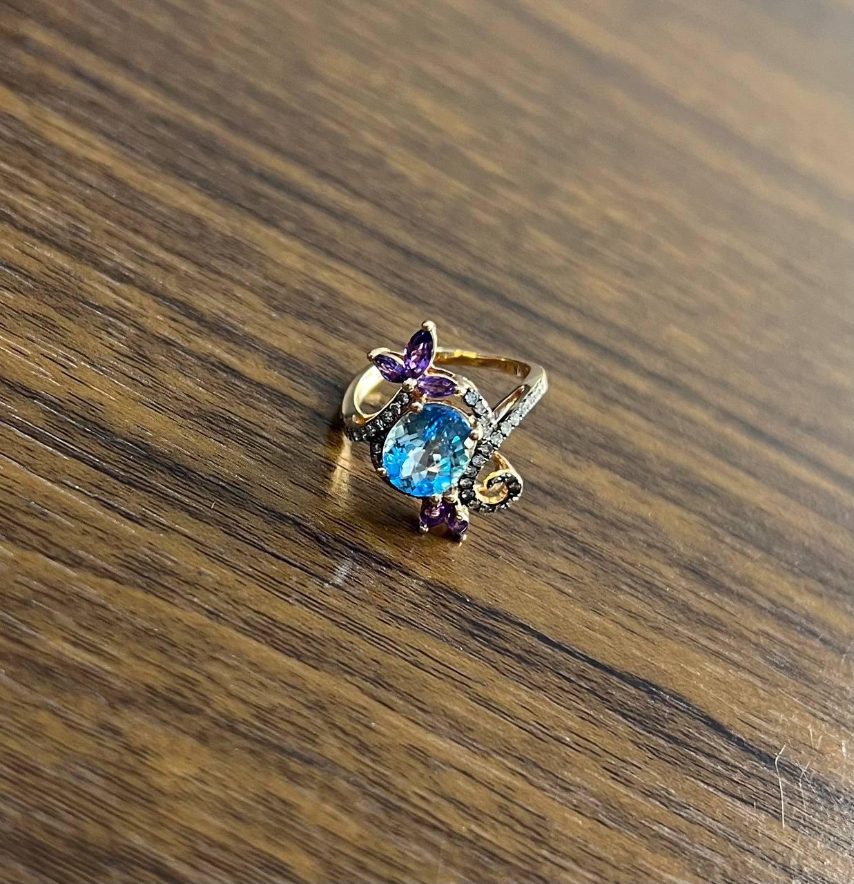 Blue Topaz Purple Amethyst Diamonds Floral Flower 14K Rose Gold Statement Ring