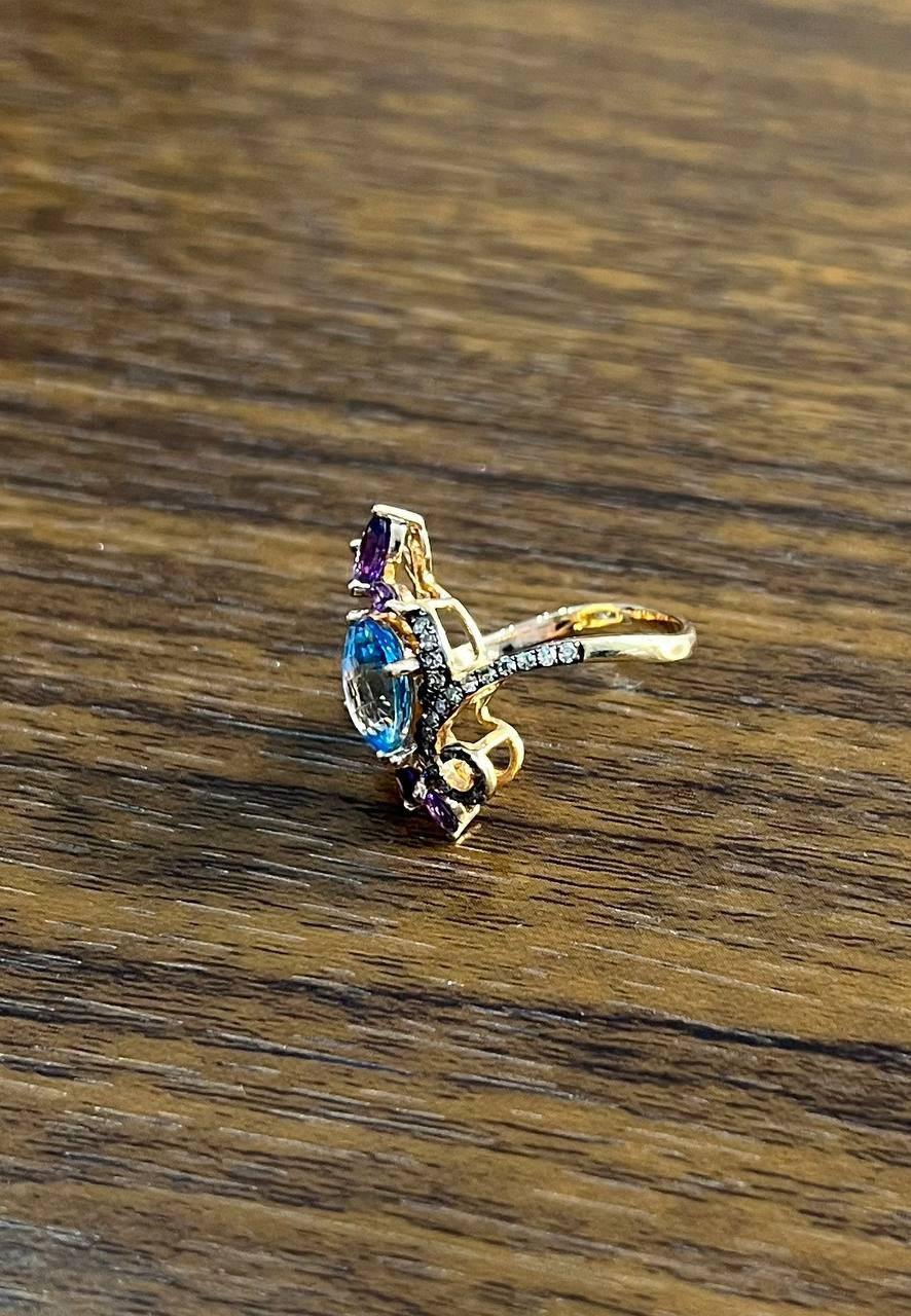 Blue Topaz Purple Amethyst Diamonds Floral Flower 14K Rose Gold Statement Ring