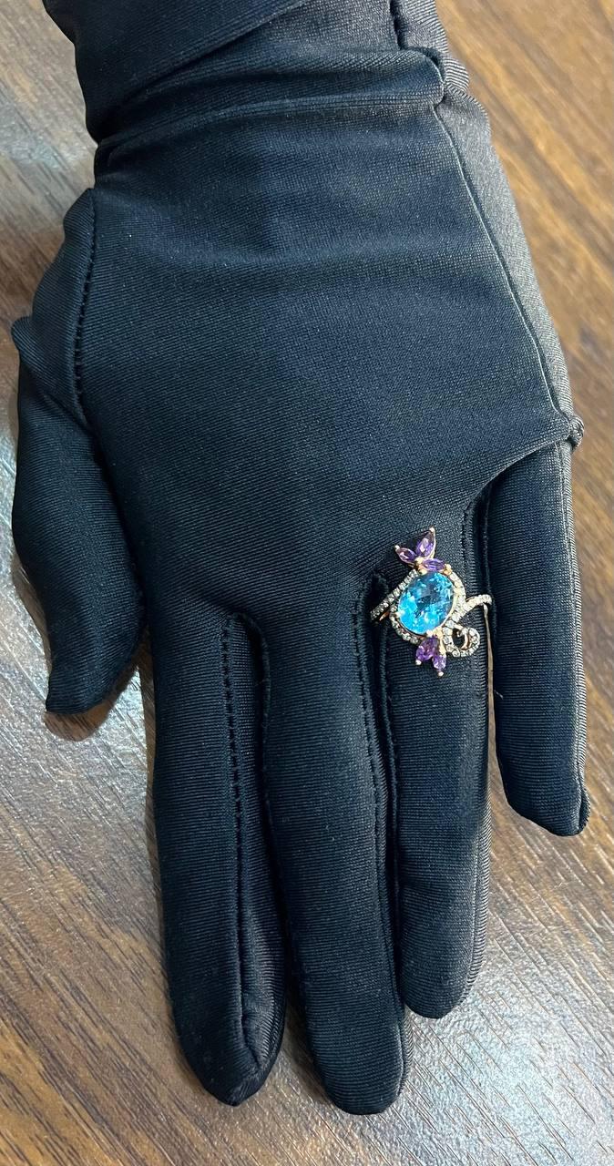 Oval Shape Swiss Blue Topaz Floral Flower Amethyst 14K Rose Gold Diamonds Ring