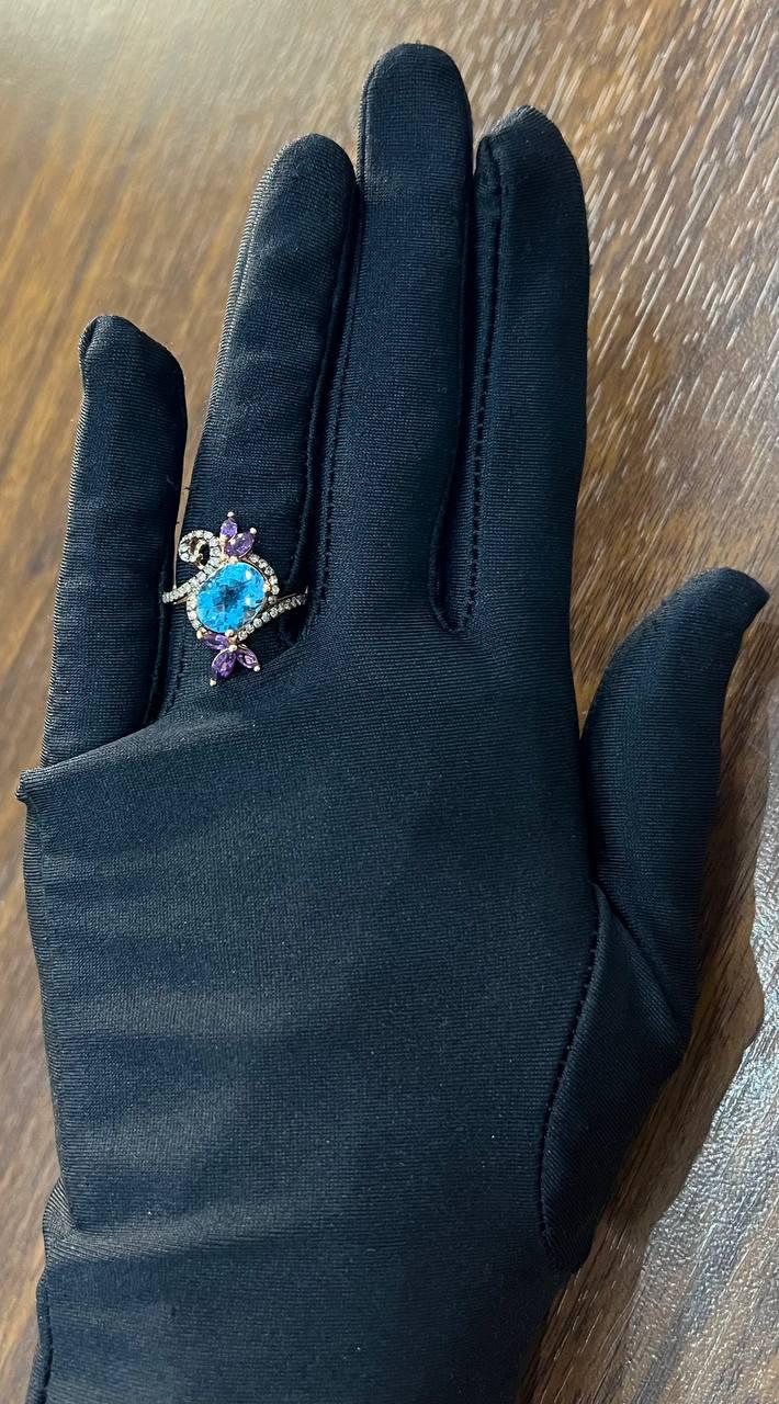 Oval Shape Swiss Blue Topaz Floral Flower Amethyst 14K Rose Gold Diamonds Ring