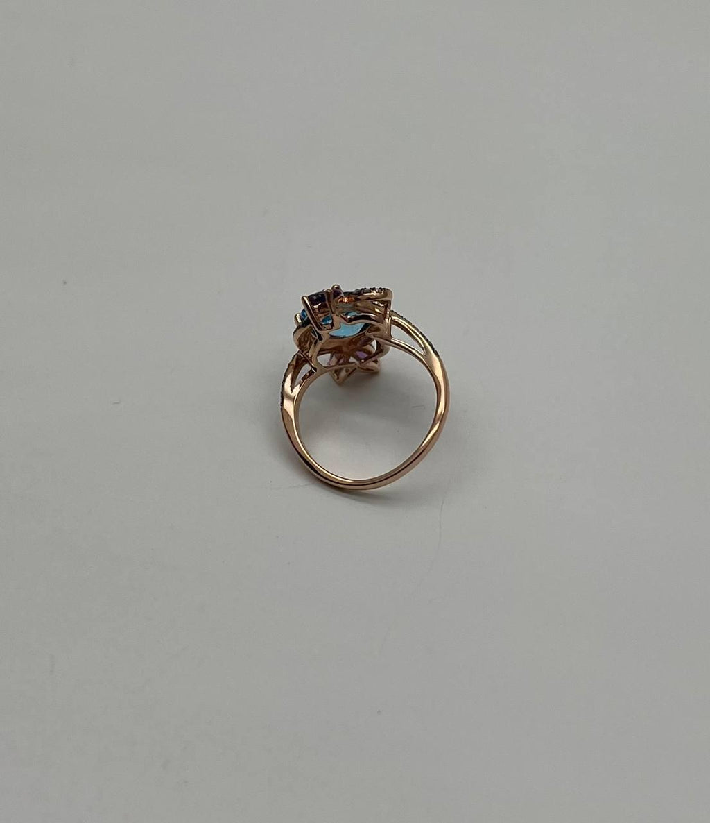 Blue Topaz Purple Amethyst Diamonds Floral Flower 14K Rose Gold Statement Ring