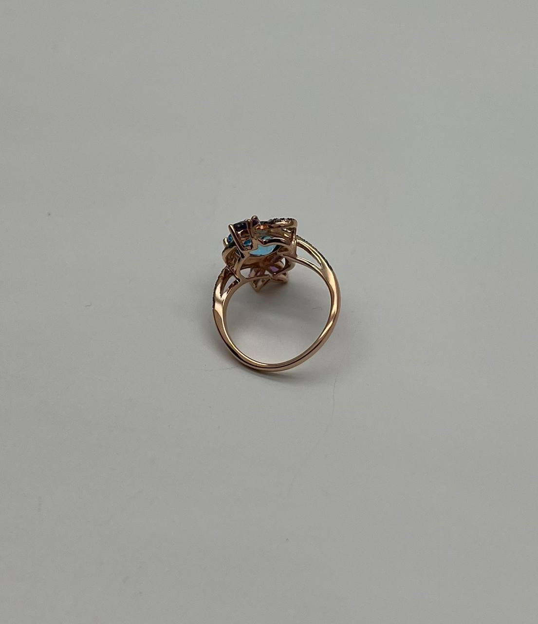 Blue Topaz Purple Amethyst Diamonds Floral Flower 14K Rose Gold Statement Ring