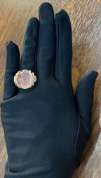 Pink Rose Quartz Cabochon Diamond Waves 14K Rose Gold Cocktail Ring