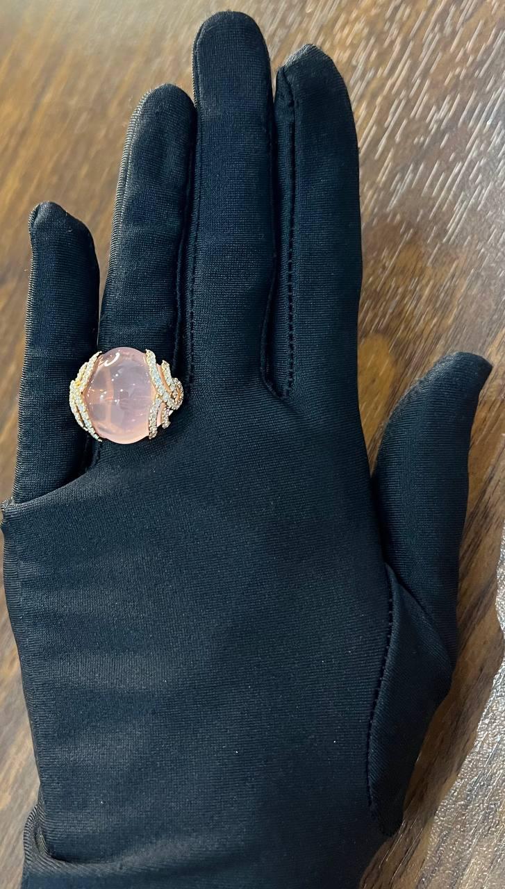 Pink Rose Quartz Cabochon Diamond Waves 14K Rose Gold Cocktail Ring