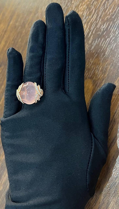 Pink Rose Quartz Cabochon Diamond Waves 14K Rose Gold Cocktail Ring