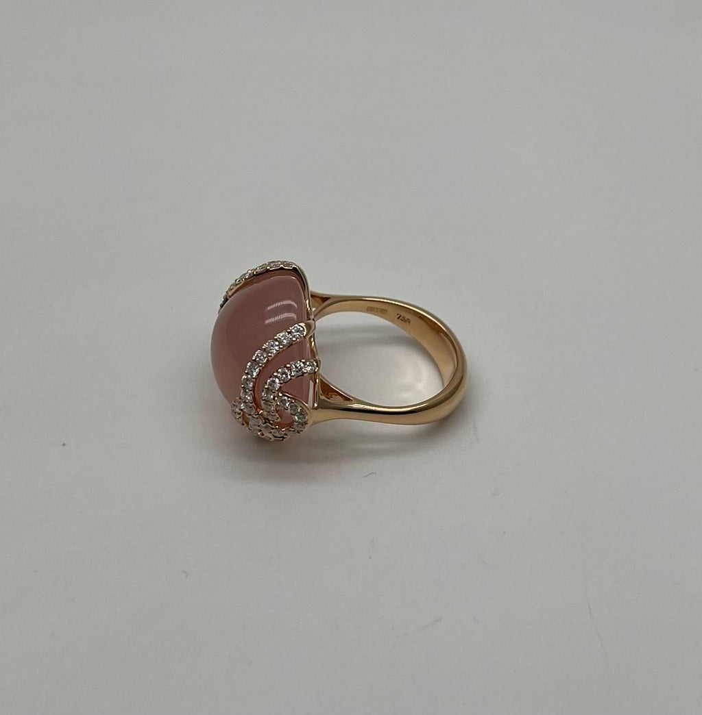 Pink Rose Quartz Cabochon Diamond Waves 14K Rose Gold Cocktail Ring