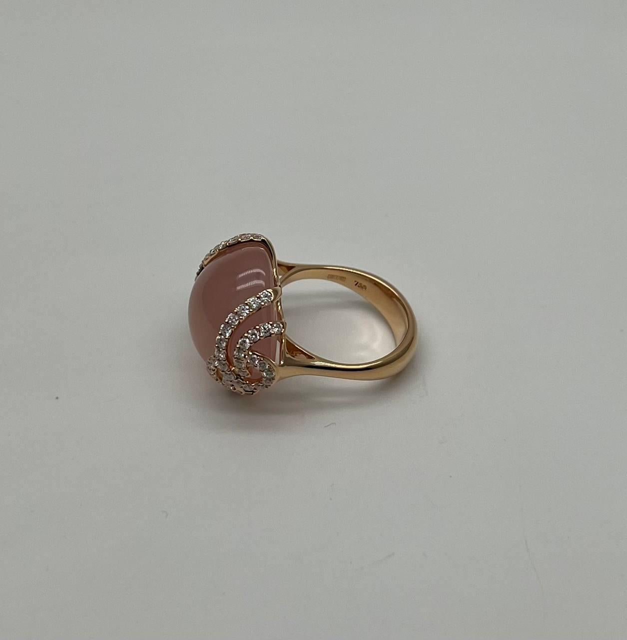 Pink Rose Quartz Cabochon Diamond Waves 14K Rose Gold Cocktail Ring