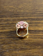 Pink Rose Quartz Cabochon Diamond Waves 14K Rose Gold Cocktail Ring