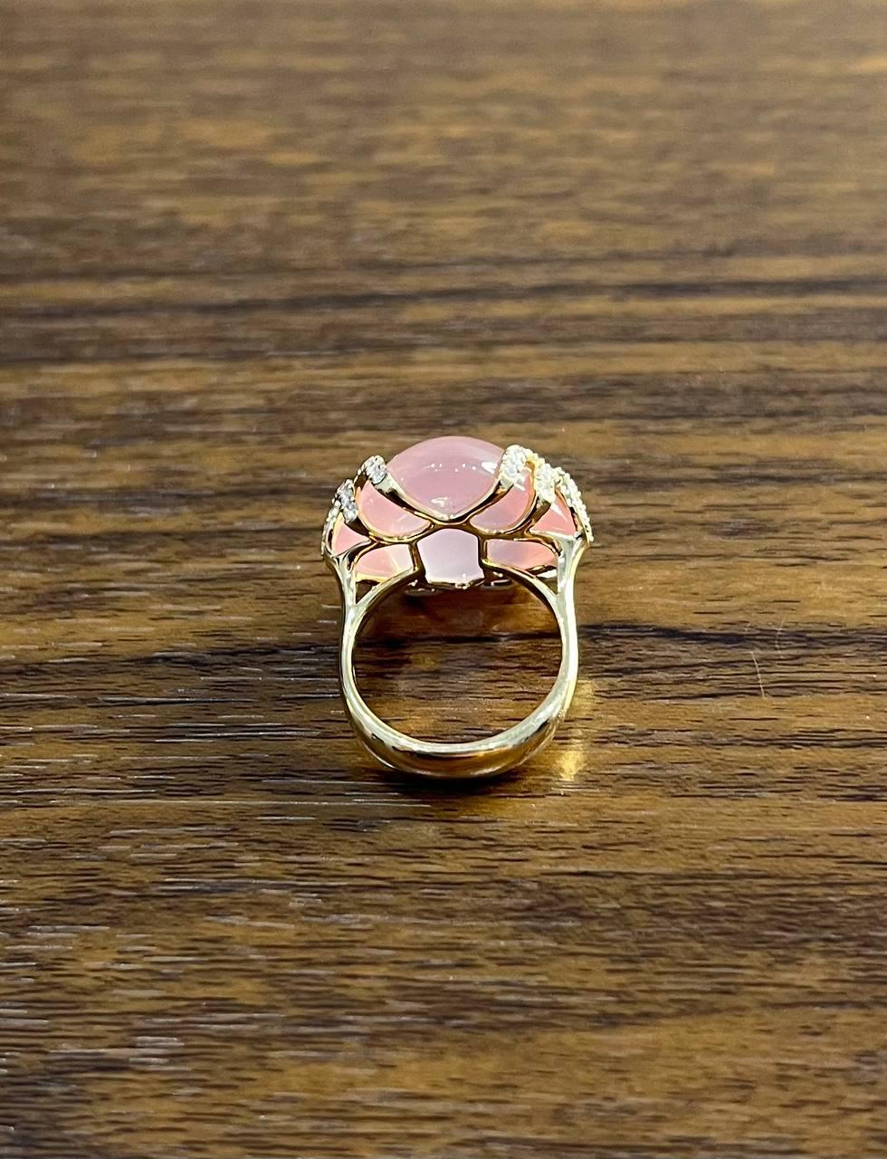 Pink Rose Quartz Cabochon Diamond Waves 14K Rose Gold Cocktail Ring