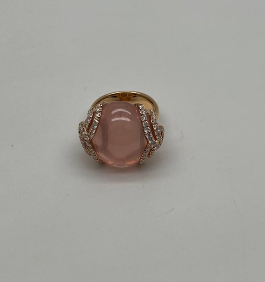 Pink Rose Quartz Cabochon Diamond Waves 14K Rose Gold Cocktail Ring