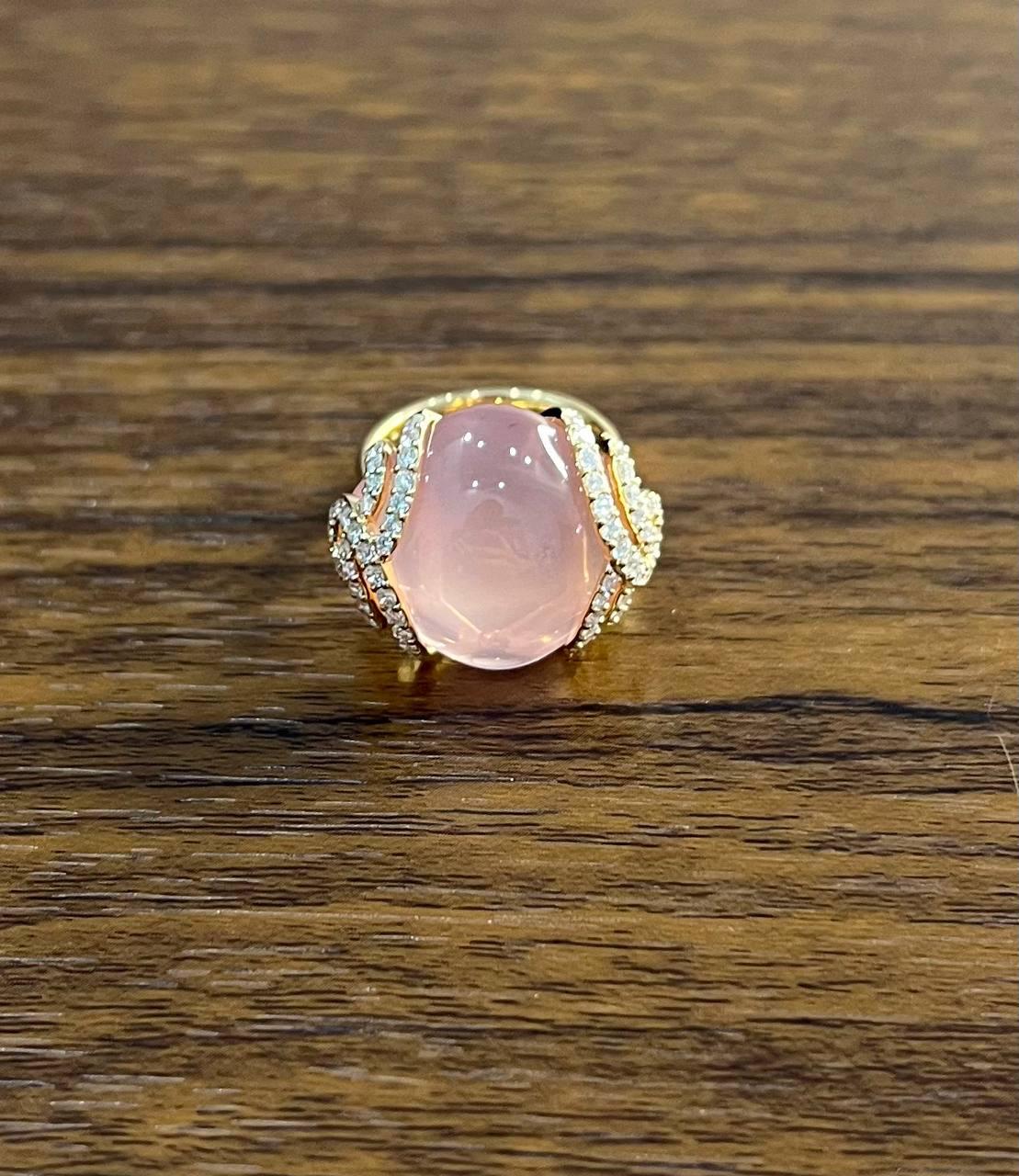Pink Rose Quartz Cabochon Diamond Waves 14K Rose Gold Cocktail Ring