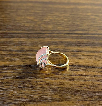 Pink Rose Quartz Cabochon Diamond Waves 14K Rose Gold Cocktail Ring