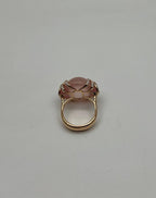 Pink Rose Quartz Cabochon Diamond Waves 14K Rose Gold Cocktail Ring