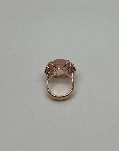 Pink Rose Quartz Cabochon Diamond Waves 14K Rose Gold Cocktail Ring