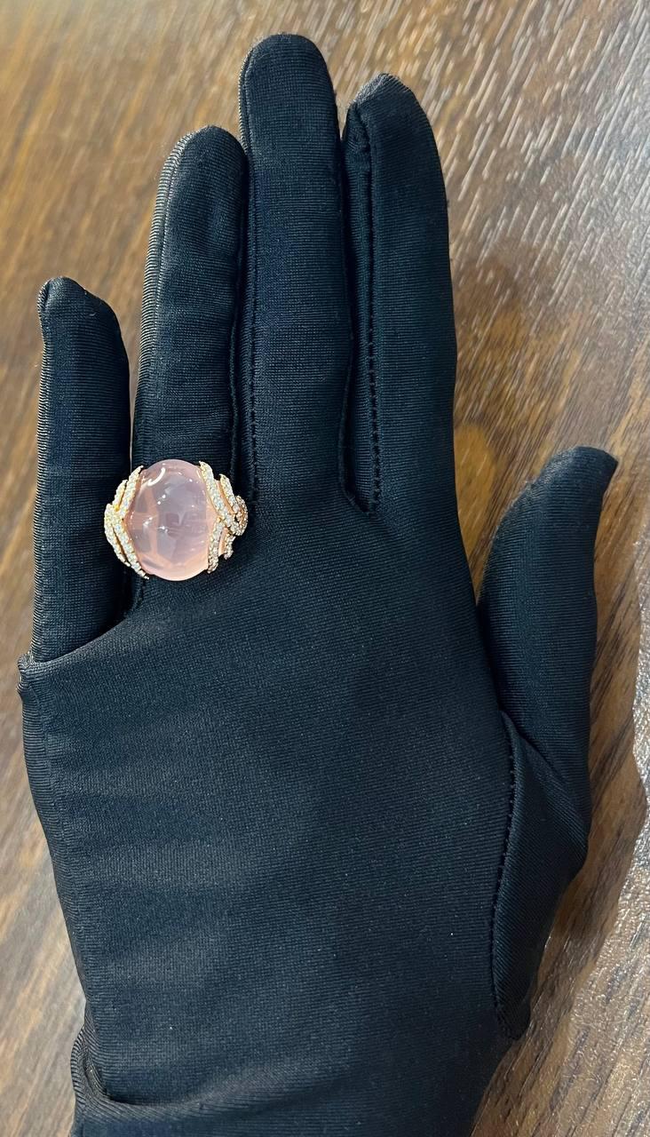 Pink Rose Quartz Cabochon Diamond Waves 14K Rose Gold Cocktail Ring