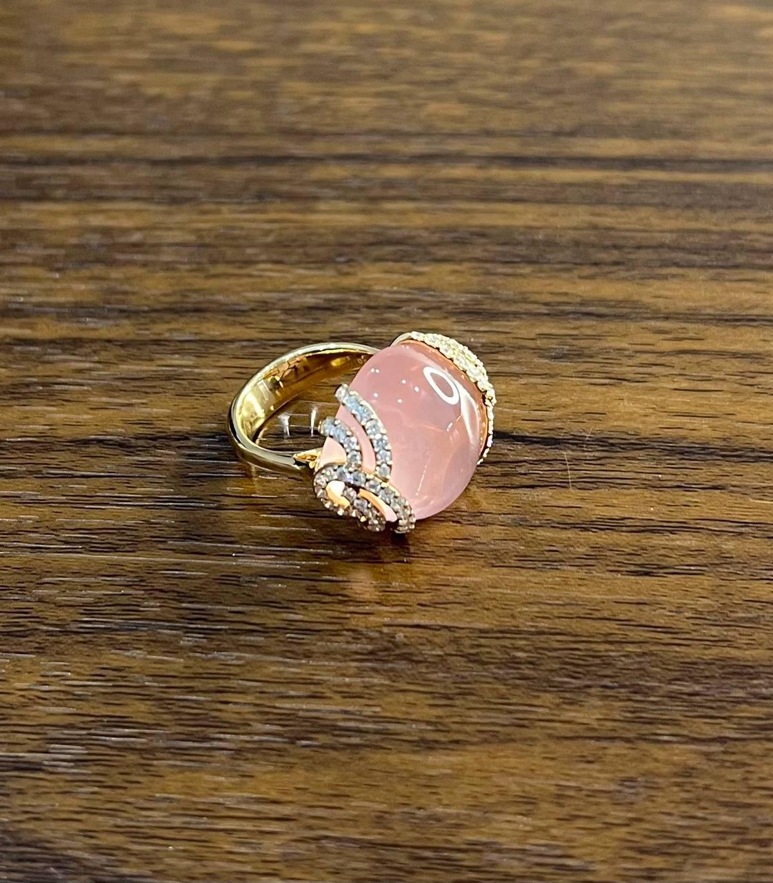 Pink Rose Quartz Cabochon Diamond Waves 14K Rose Gold Cocktail Ring