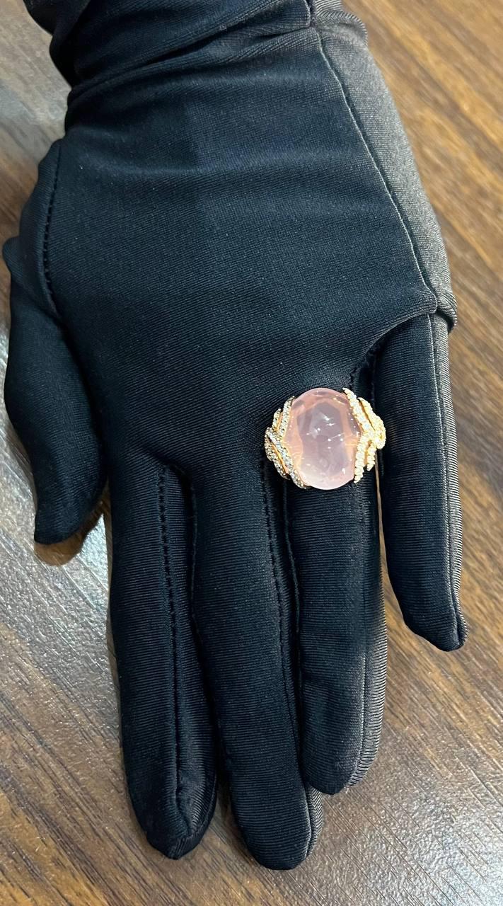 pink rose quartz cabochon diamond waves 14k rose gold cocktail ring