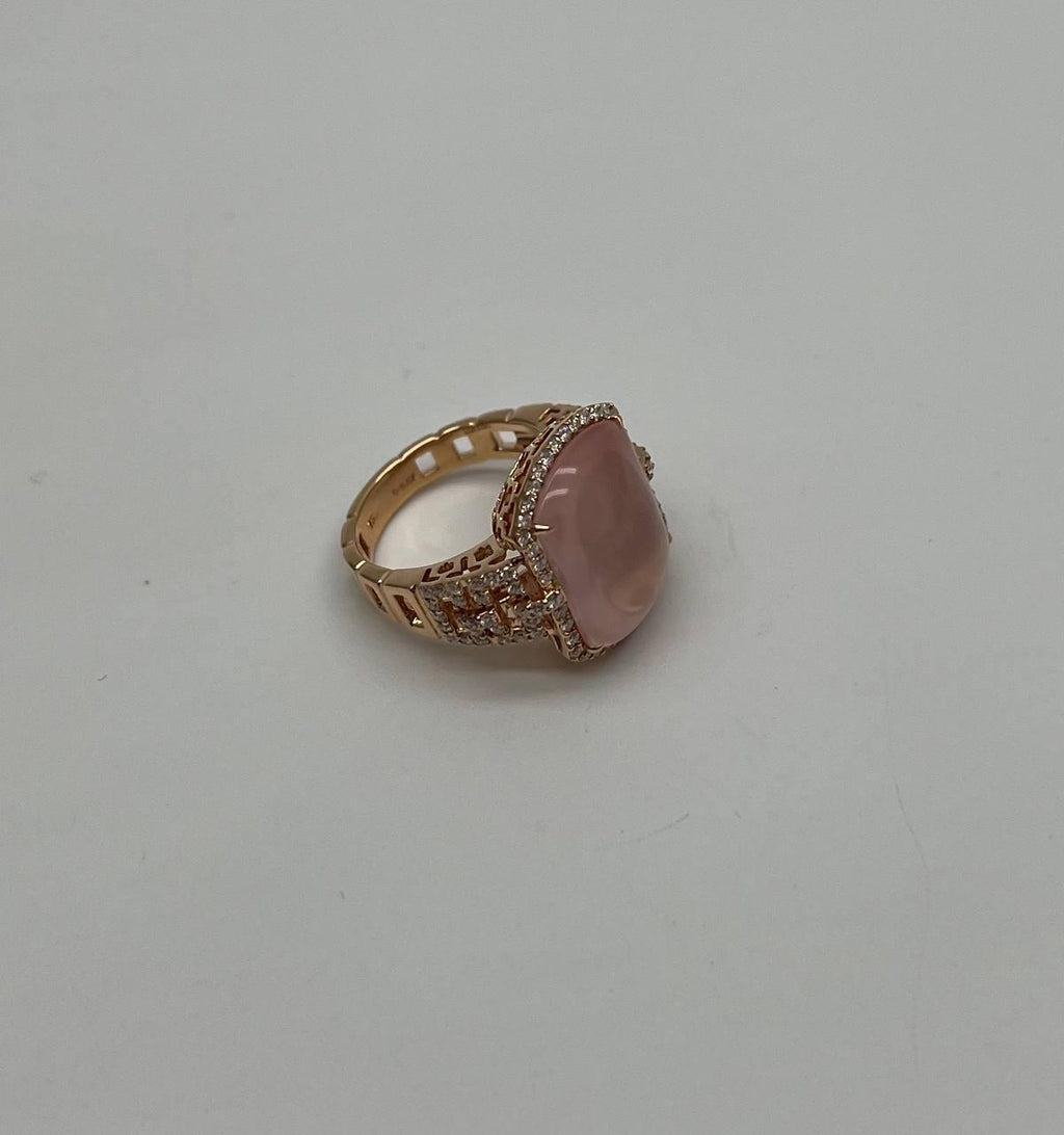 Pink Rose Quartz Cabochon Diamond Halo 18K Rose Gold Cocktail Unique Ring