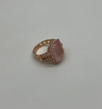 Pink Rose Quartz Cabochon Diamond Halo 18K Rose Gold Cocktail Unique Ring