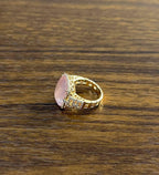 Pink Rose Quartz Cabochon Diamond Halo 18K Rose Gold Cocktail Unique Ring