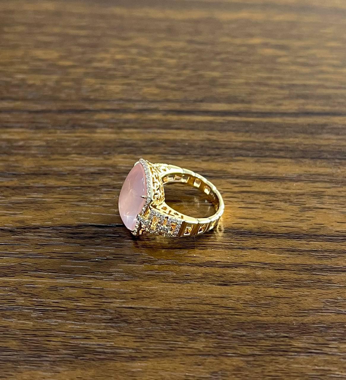 Pink Rose Quartz Cabochon Diamond Halo 18K Rose Gold Cocktail Unique Ring