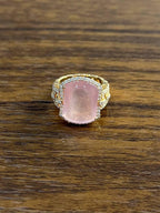 Pink Rose Quartz Cabochon Diamond Halo 18K Rose Gold Cocktail Unique Ring