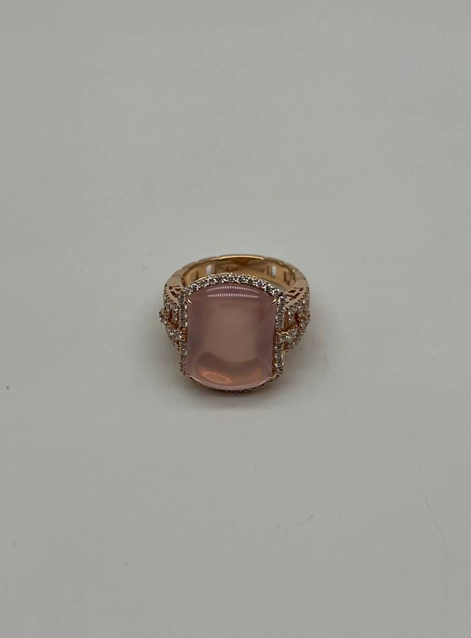 Pink Rose Quartz Cabochon Diamond Halo 18K Rose Gold Cocktail Unique Ring