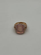 Pink Rose Quartz Cabochon Diamond Halo 18K Rose Gold Cocktail Unique Ring