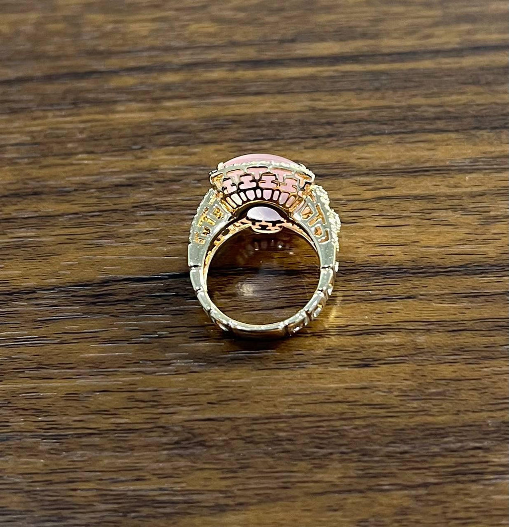Pink Rose Quartz Cabochon Diamond Halo 18K Rose Gold Cocktail Unique Ring