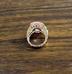 Pink Rose Quartz Cabochon Diamond Halo 18K Rose Gold Cocktail Unique Ring