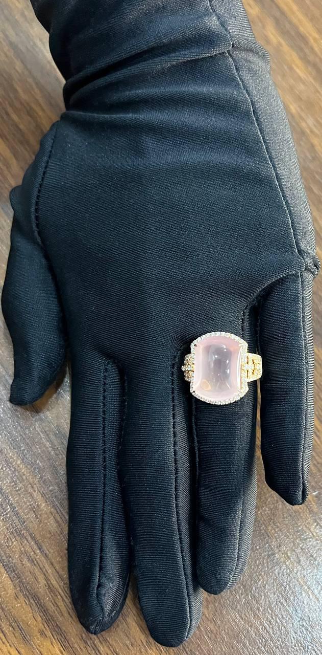 Pink Rose Quartz Cabochon Diamond Halo 18K Rose Gold Cocktail Unique Ring