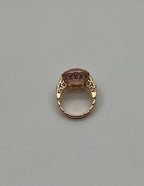 Pink Rose Quartz Cabochon Diamond Halo 18K Rose Gold Cocktail Unique Ring