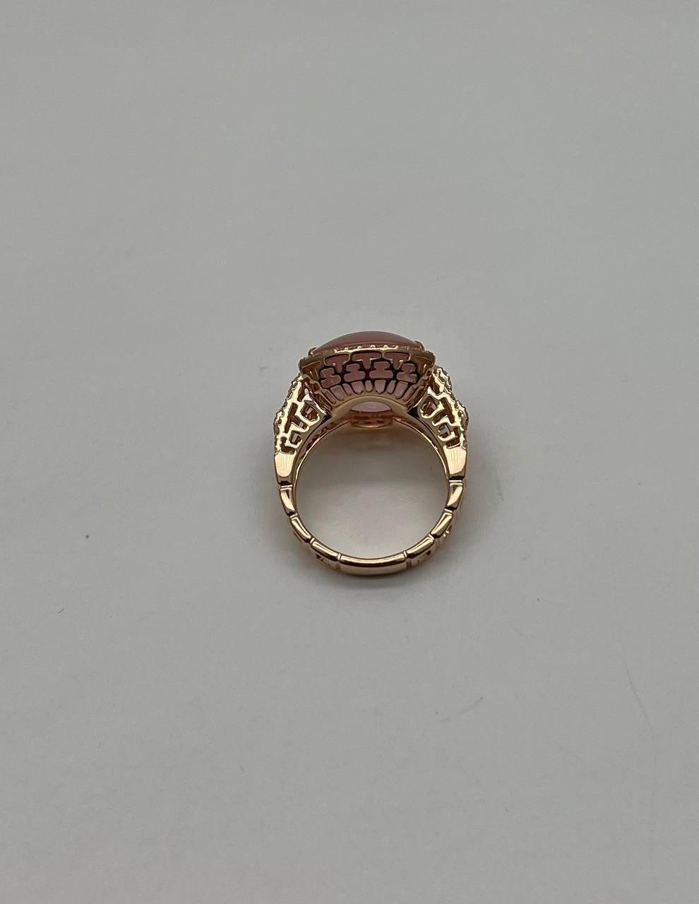 Pink Rose Quartz Cabochon Diamond Halo 18K Rose Gold Cocktail Unique Ring