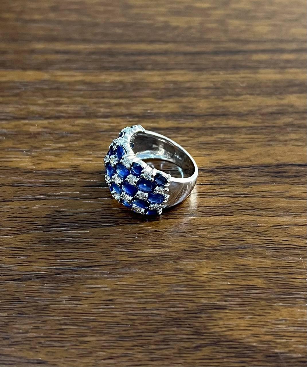 blue sapphire & diamond cluster pave set 14k white gold statement band ring