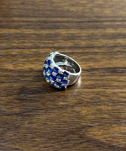 Blue Sapphire & Diamond Cluster Pave Set 14K White Gold Statement Band Ring