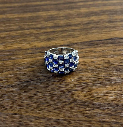 Blue Sapphire & Diamond Cluster Pave Set 14K White Gold Statement Band Ring