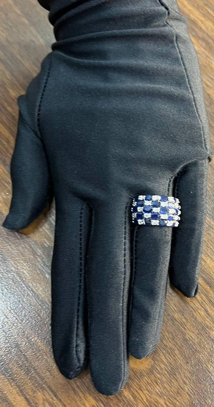 Blue Sapphire & Diamond Cluster Pave Set 14K White Gold Statement Band Ring