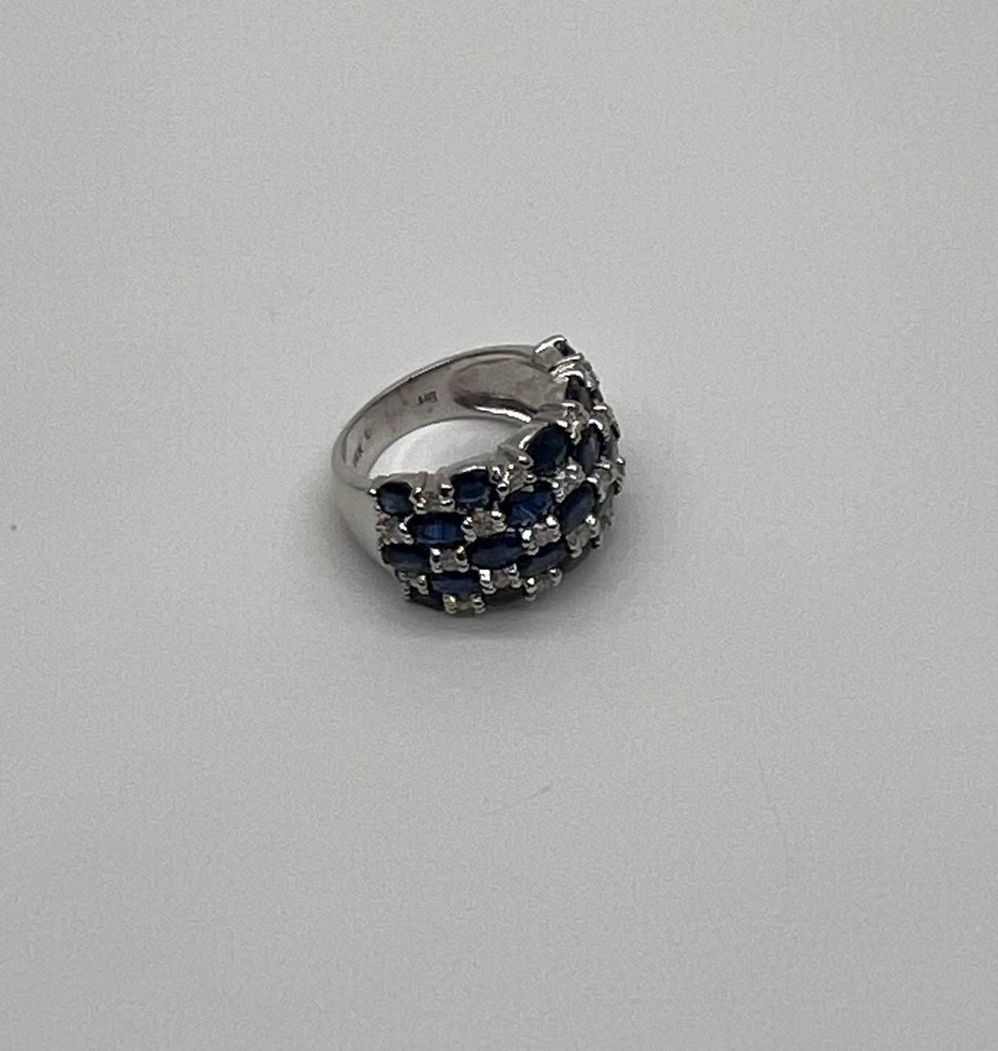 Blue Sapphire &amp; Diamond Cluster Pave Set 14K White Gold Statement Band Ring