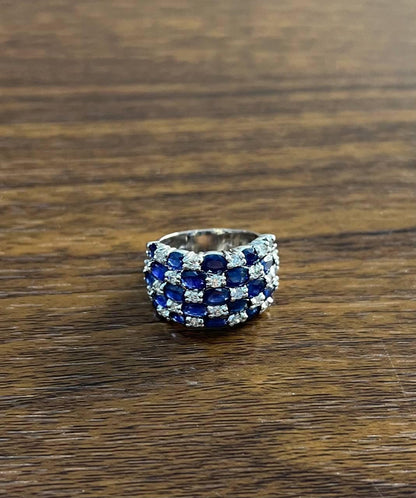 Blue Sapphire & Diamond Cluster Pave Set 14K White Gold Statement Band Ring
