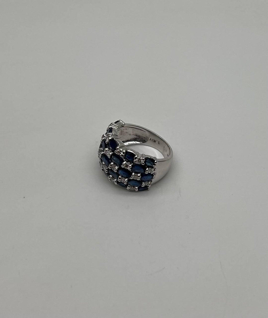 Blue Sapphire & Diamond Cluster Pave Set 14K White Gold Statement Band Ring