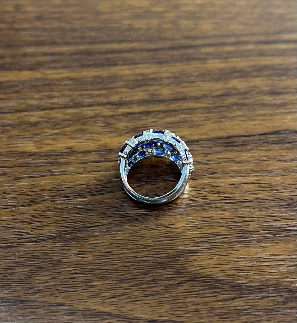 Blue Sapphire & Diamond Cluster Pave Set 14K White Gold Statement Band Ring