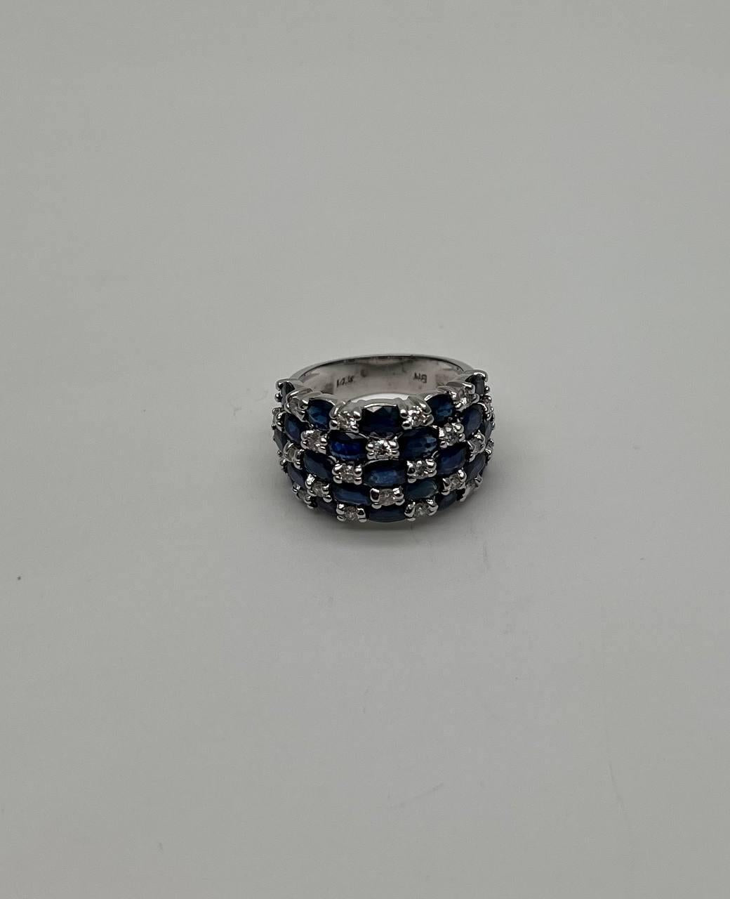 Blue Sapphire & Diamond Cluster Pave Set 14K White Gold Statement Band Ring