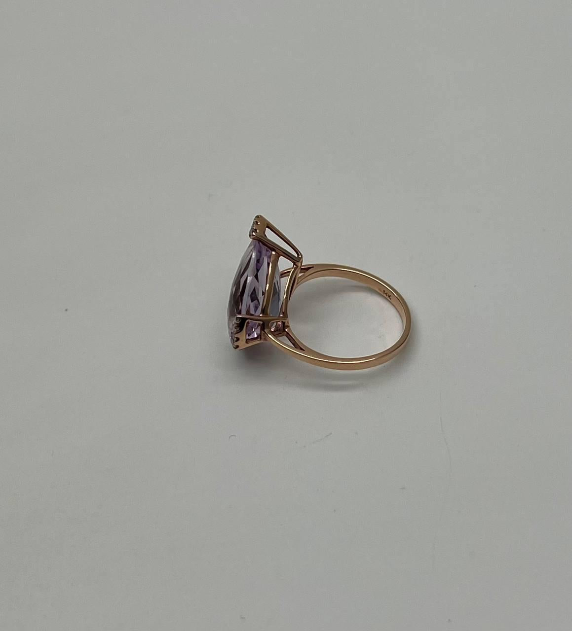 Large Pear Teardrop Shape Light Violet Purple Amethyst Rose Gold Diamonds Ring