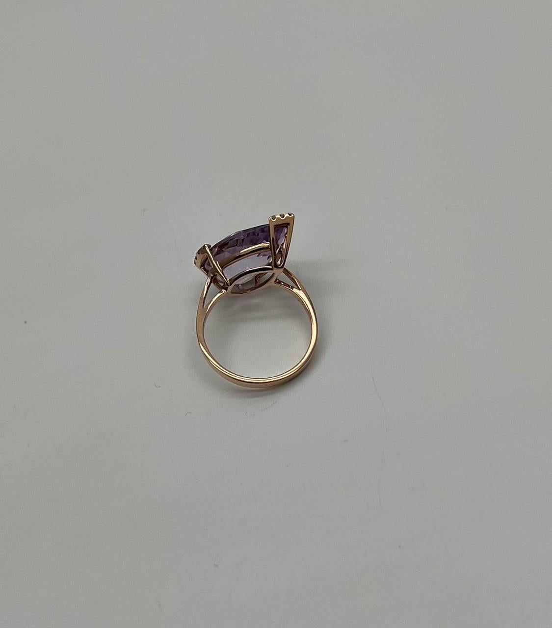 large pear teardrop shape light violet purple amethyst rose gold diamonds ring