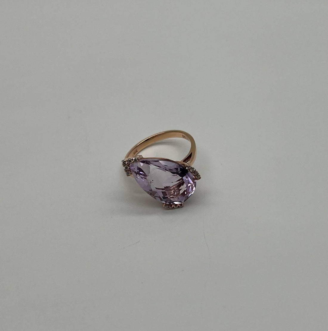 Large Pear Teardrop Shape Light Violet Purple Amethyst Rose Gold Diamonds Ring