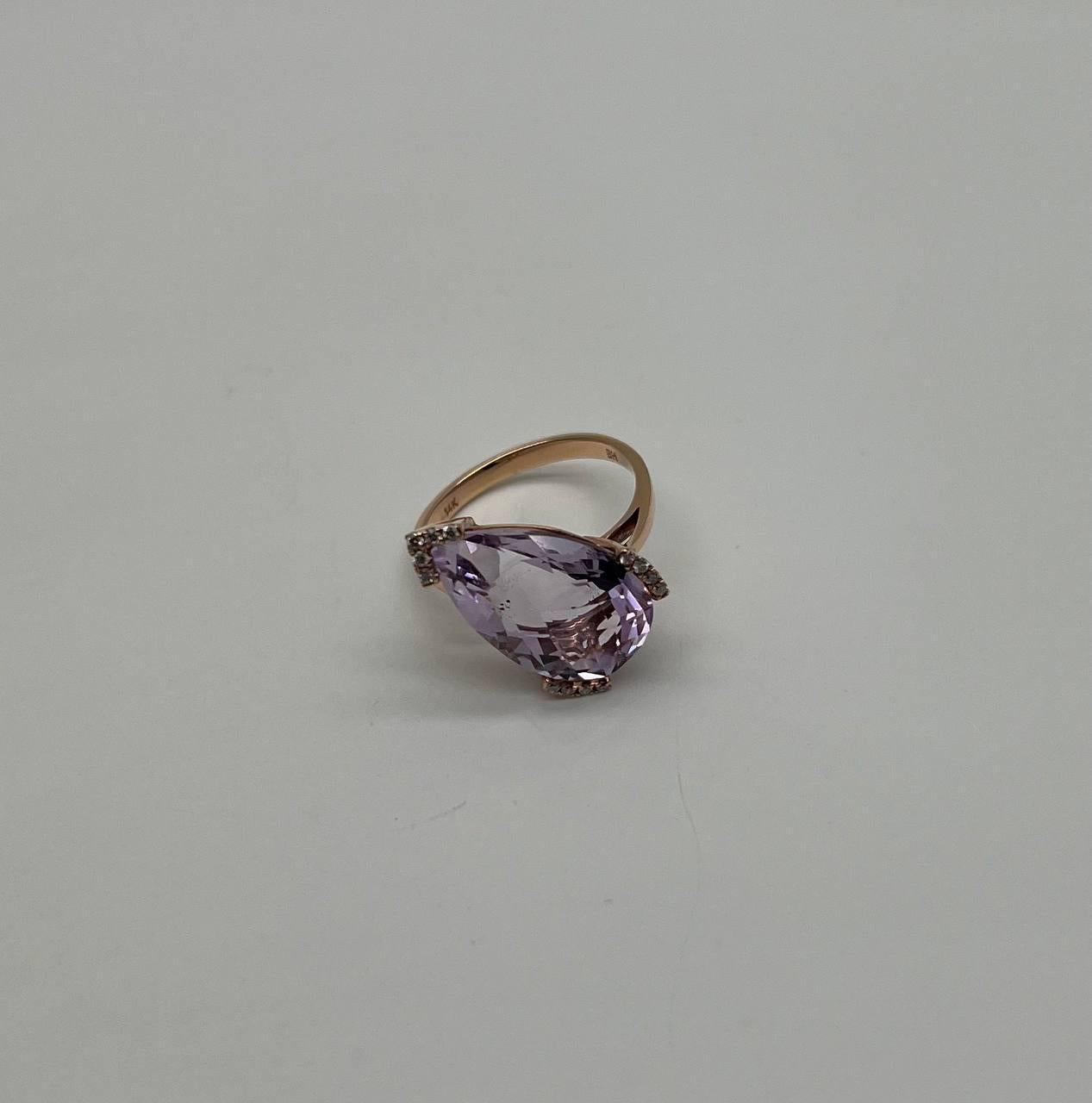 large pear teardrop shape light violet purple amethyst rose gold diamonds ring